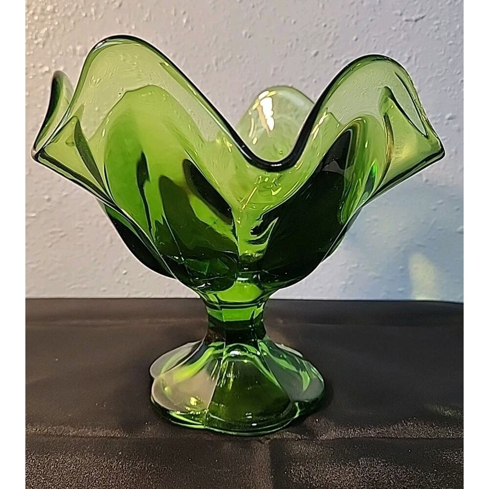 LE Smith Simplicity Line Pedestal Bowl Compote Vase Green Mid Century 7"T Vtg